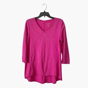 Chicos Slub Top Womens Size 1 (M) Pink Cotton Modal V-Neck 3/4 Sleeve Hi-Low Hem